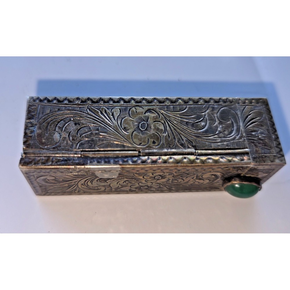 Vintage Italian Engraved Silver Lipstick Holder w Mirror & Green Cabochon - Picture 2 of 11